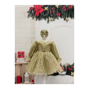 Gold Desenli Kız Çocuk Elbisesi