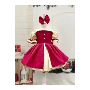 Canlı Pembe Ve krem Kız Çocuk Elbisesi
