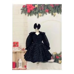 Siyah Desenli Çift Fiyoklu Kız Çocuk Elbisesi