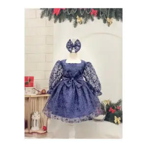 Gri Kare Yakalı Kız Çocuk Elbisesi