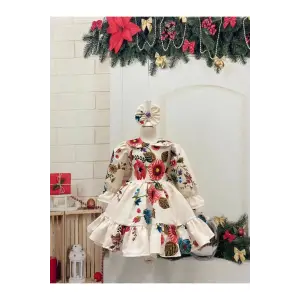 Krem Çicekli Kız Çocuk Elbisesi
