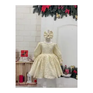 Krem Yuvarlak Yakalı Fransız Dantel Kız Çocuk Elbisesi