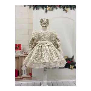 Krem Kadifeli Fransız Dantel(4 Parcalı) Kız Çocuk Elbisesi