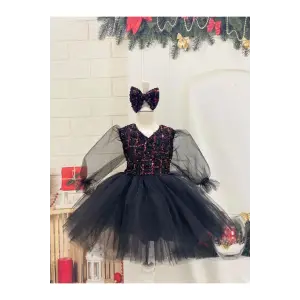 Siyah Payatli V Yaka Kız Çocuk Elbisesi