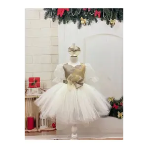 Krem Ve Bej Kız Çocuk Elbisesi