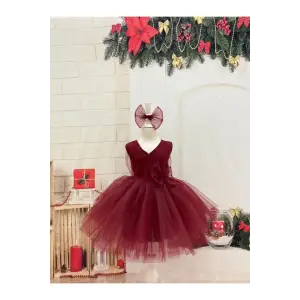 Bordo Sıfır Kollu Kız Çocuk Elbisesi