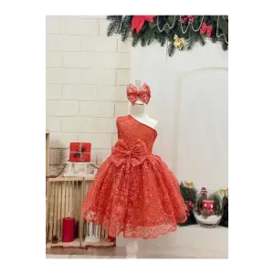 Nar Çicek (Mini Taşlı) Tek Omuzlu Kız Çocuk Elbisesi