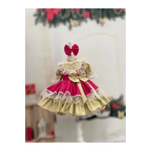 Canlı Pembe Dantelli Kız Çocuk Elbisesi