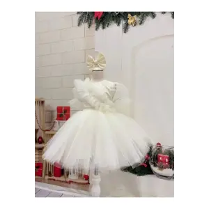 Krem Fırfırlı Kız Çocuk Elbisesi