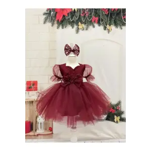 Bordo Simli Kız Çocuk Elbisesi
