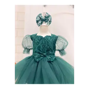 Zümrüt Yeşili Simli Kız Çocuk Elbisesi