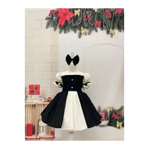 Siyah Krem Çift Katlı Kız Çocuk Elbisesi