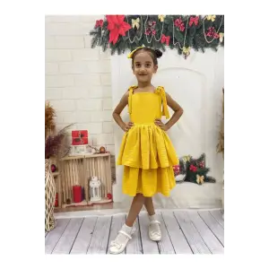 Sarı viskon Asklı Kız Çocuk Elbis