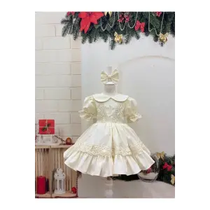 Krem Dantel Bebe Yakalı Kız Çocuk Elbisesi
