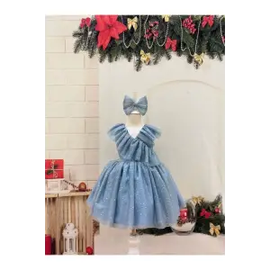 Bebe Mavisi Sıfır Kollu Kız Çocuk Elbisesi