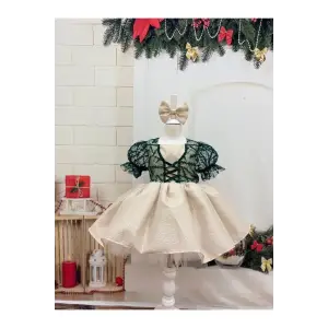 Krem Ve Zümrüt Yeşili Kız Çocuk Elbisesi