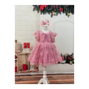 Şeker Pembe Dantelli Kız Çocuk Elbisesi