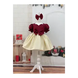 Bordo Ipek Saten Kız Çocuk Elbisesi