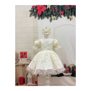 Krem Dantel Detaylı Kız Çocuk Elbisesi