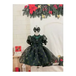 Yeşil Puantiyeli Fırfır Yakalı Kız Çocuk Elbisesi