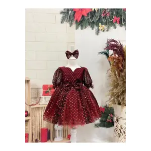 Kırmızı Ön Fiyoklu Payetli Kız Çocuk Elbisesi