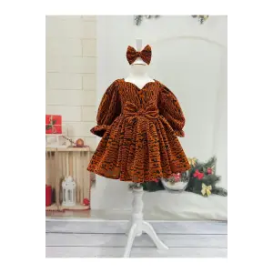 Kiremit Kadife Kız Çocuk Elbise