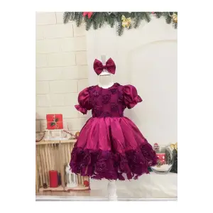 Fuşya Gül Desenli Kız Çocuk Elbise