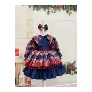 Ekose Kareli Ponponlu Kız Çocuk Elbisesi