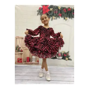 Siyah Kırmızı Fırfırlı Kız Çocuk Elbisesi