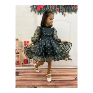 Yeşil Puantiye Fırfırlı Kız Çocuk Elbisesi
