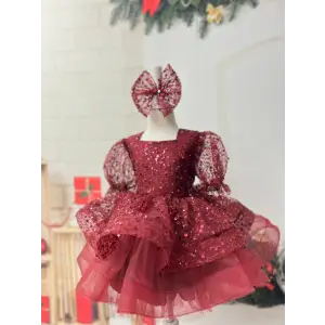 Bordo Payetli Kare Yakı Kız Çocuk Elbisesi