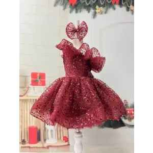 Bordo Tek Omuzlu Payetli Kız Çocuk elbisesi
