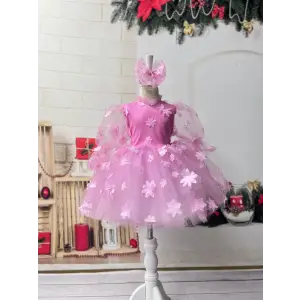 Pembe 3D Çicek desenli Kız Çocuk Elbises