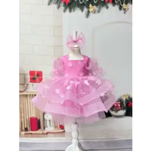 Pembe Çiçek Desenli Kız Çocuk Elbisesi