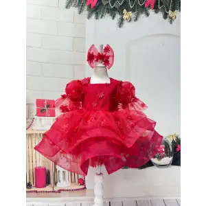 Kırmızı 3D çiçek desenli Kız Çocuk elbissesi