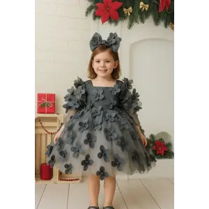 Gri Çiçek Desenli Kız Çocuk Elbise biye