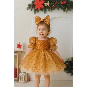 Turuncu Taşılu Kara Yakalı Kız Çocuk elbise Abiye