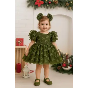 Yeşil Kelebek Desenli KIz çocuk Elbise Abiye