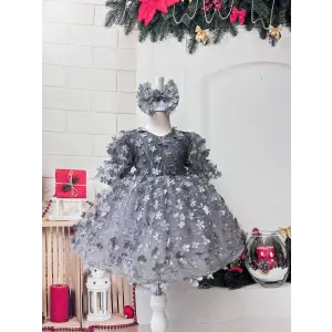 Gri 3D Çiçek İşlemeli Kabartmalı kız çocuk abiye elbise