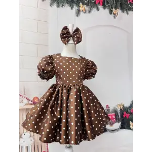 Kahverengi Puantiyeli Kız Çocuk Elbisesi