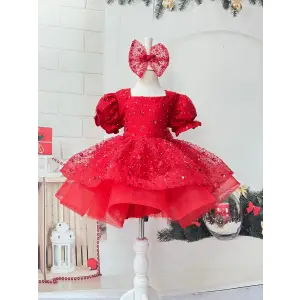 Kırmızı Taşlı Kare Yakalı Kız çocuk Elbisesi Abiye