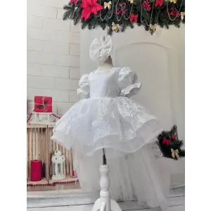 Beyaz Kuyruklu Işıltılı Prenses Çocuk Abiye Elbisesi
