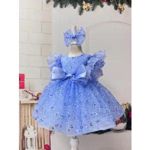 Mavi Taş işlemeli Kız Çocuk Abiye Elbise