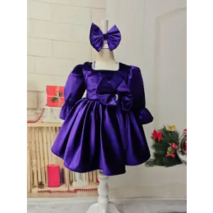 Mor Kız Çocuk Kadife Abiye Elbise