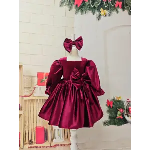Bordo Kız Çocuk Kadife Abiye Elbise