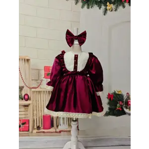 Bordo Dantel İşleme Kız Çocuk Kadife Abiye Elbise