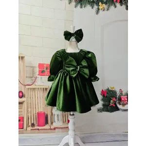 Zümrüt Yeşili Kız Çocuk Kadife Abiye Elbise – Fiyonklu Model