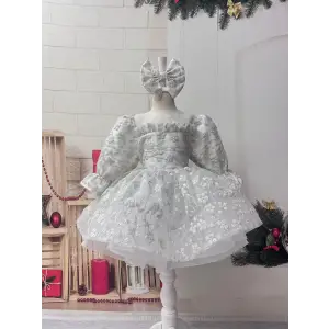 Beyaz Çicek İşlememi KIz Çocuk Abiye Elbise