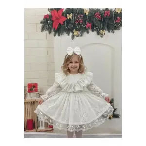 Beyaz Kadife Kız Çocuk Elbisesi