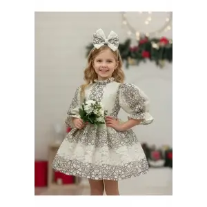 Beyaz Siyah Dantel Kız Çocuk Elbisesi